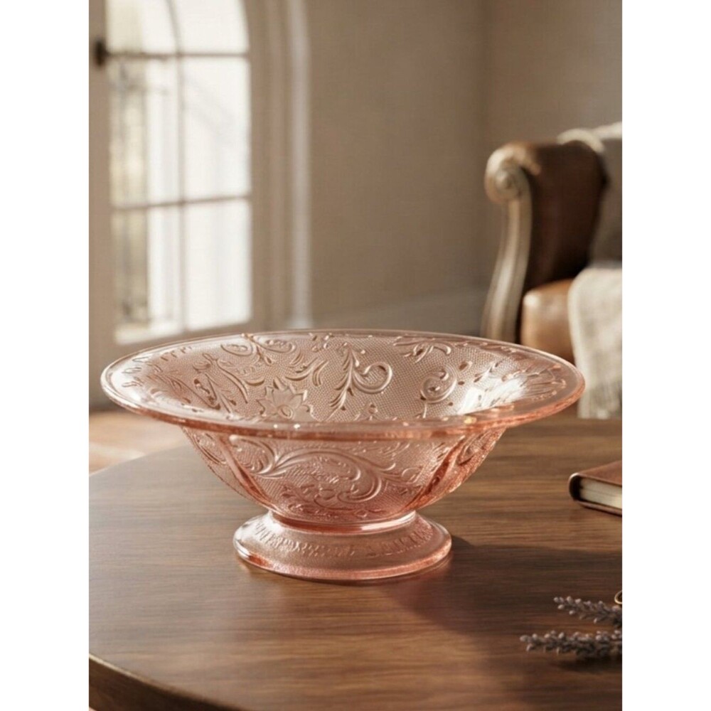 Vintage Indiana Pink Glass Bowl Floral Lace Pattern 11" Tiara Style EUC